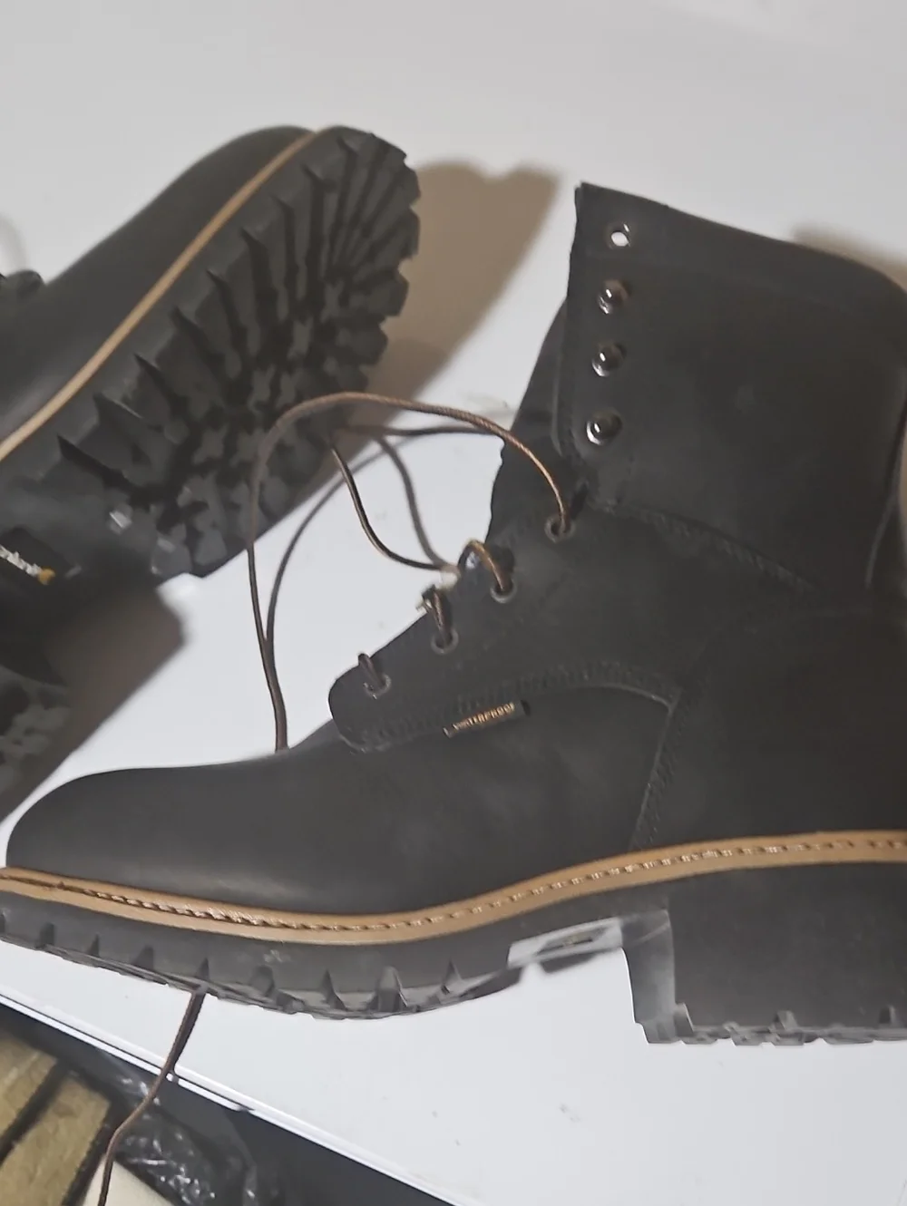 Black Lace-Up Work Boots with Tan Sole Carhartt Logger Boots Size 11 8in